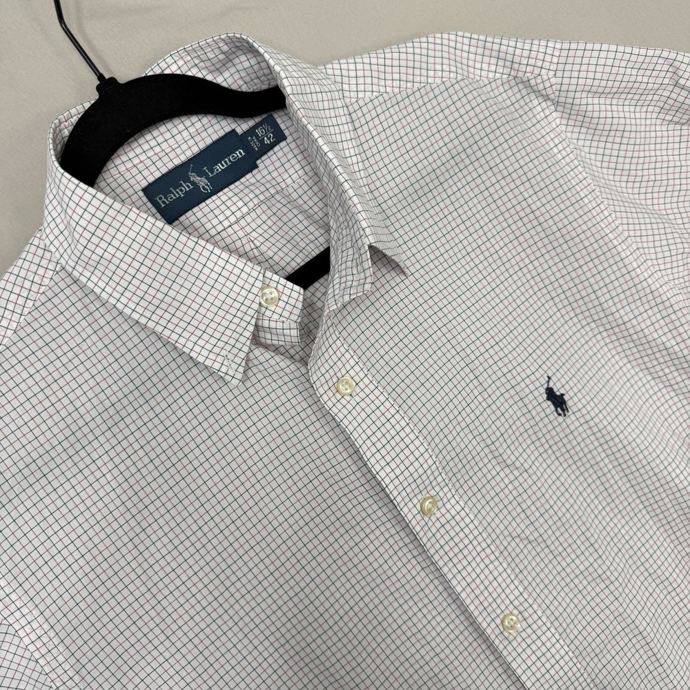 Ralph Lauren Mens Dress Shirt Large 16.5 42 White Red Black Check Button Down